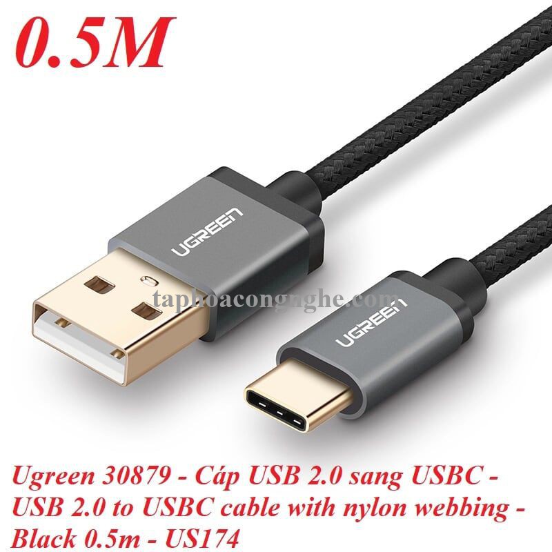 Ugreen 30879 0.5M 3A Màu Đen Cáp USB TypeC sang USB 2.0 Hỗ trợ sạc nhanh dây bên Nylon US174 30030879